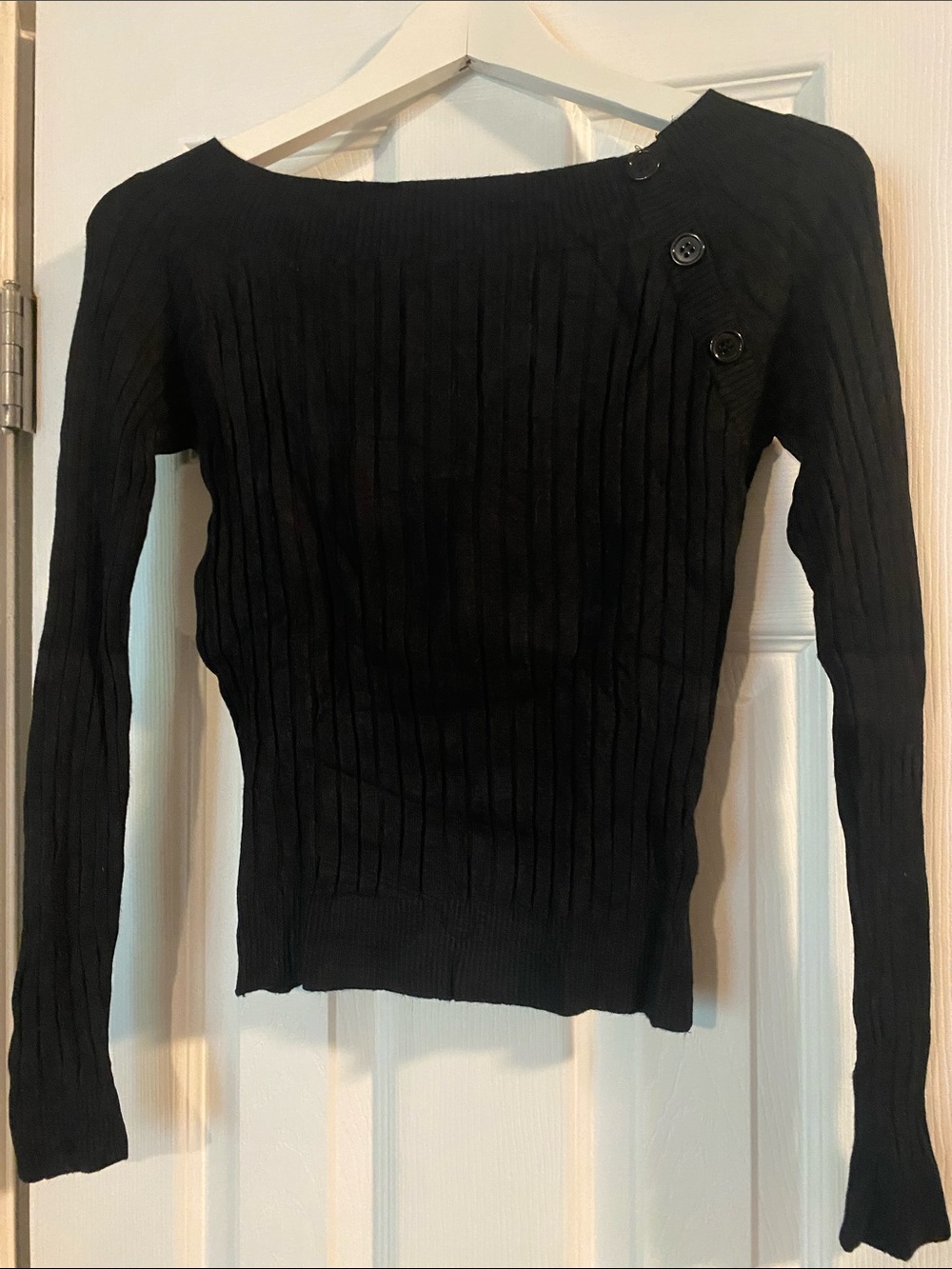 Energie Black Off-the-Shoulder Ribbed Sweater with Button Detail